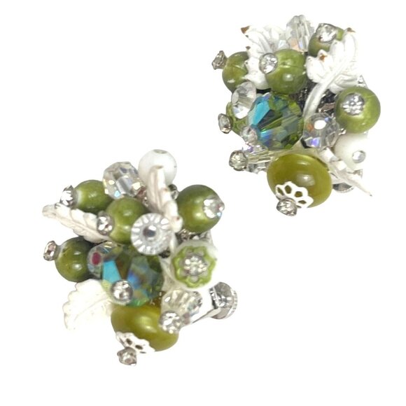 Vendome Vintage Beaded Clip-On Earrings With Green & White Beads Rhinestones & S - Picture 2 of 8